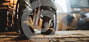 Close-up detail of man prosthetic leg in a wheelchair in a hospital, an American flag draped over his lap, Veterans day concept.