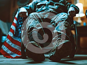 Close-up detail of man prosthetic leg in a wheelchair in a hospital, an American flag draped over his lap, Veterans day concept.