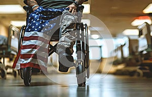 Close-up detail of man prosthetic leg in a wheelchair in a hospital, an American flag draped over his lap, Veterans day concept.