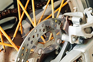 Close up - Detail Motorcycle brake disc and front wheel is part of the motorcycle.