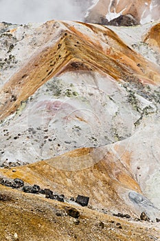 Close up detail of Noboribetsu Jigokudani Hell Valley: The volcano valley got its name from the sulfuric smell.