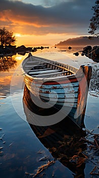 Close Up detail of old fishing boat on water in the evening