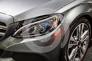 Close up of detail on one of the LED headlights modern and luxury car.