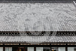 Close up detail roof tiles of Edo period architecture style with leaves less tree in Noboribetsu Date JIdaimura Historic Village.