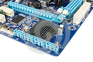 Close-up detail on a SATA port for Hard Disk SSD Solid State Drive or DVD-ROM in scheme mainboard