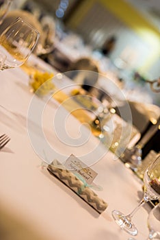 Close up detail of served table. Wedding table set for dinner.
