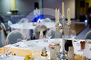 Close up detail of served table. Wedding table set for dinner.