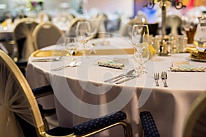 Close up detail of served table. Wedding table set for dinner.