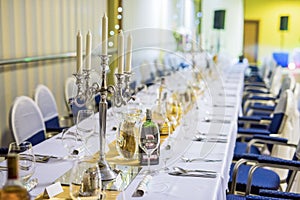 Close up detail of served table. Wedding table set for dinner.