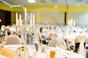 Close up detail of served table. Wedding table set for dinner.