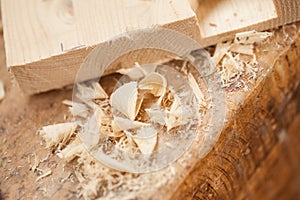 Close up detail of shavings in woodmaker shop