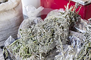 Close-up detail shot of dried thyme on the mediterrian breakfast table for selling at Greece, Lesvos island