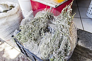 Close-up detail shot of dried thymes on the mediterrian breakfast table for selling at Greece, Lesvos island