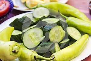 Close-up detail shot of fresh cucumber and pepper on the mediterrian breakfast table at Greece, Lesvos island