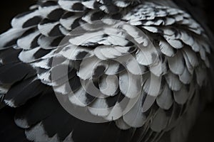 Close up detail of spot pigeon wing feather with lov light photo