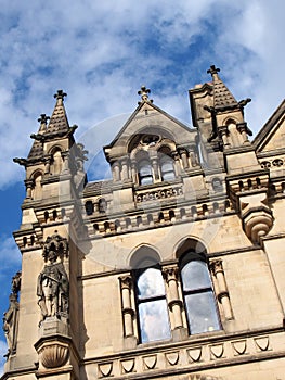 close up detail view of bradford city hall in west yorkshire a victorian gothic revival sandstone building with statues and clock