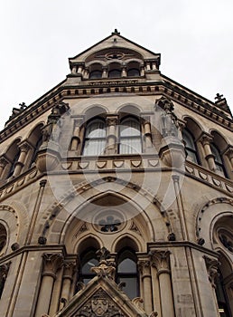 close up detail view of bradford city hall in west yorkshire a victorian gothic revival sandstone building with statues and clock