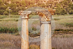 Detail view of classical greek and roman columns with decorative capital or chapiter at Archaeological site of Andriake photo