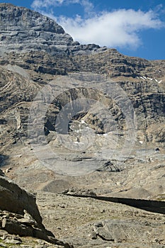 Close up detail, view of the pyrenean \'Cilindro\' glacier from the Marbore or Tuca Roya valley, vertical photo