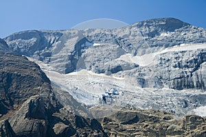 Close up detail, view of the pyrenean \'Monte Perdido\' glacier from the Marbore or Tuca Roya valley