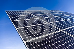 Close-up, detail view of solar panels of a solar power plant in