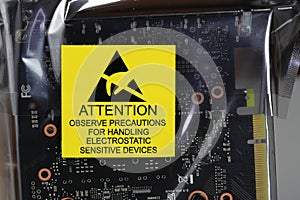 Close up detail of yellow label on anti static package or esd bag for IT equipment