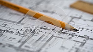 Close-up of detailed building plan, architecture design, construction bureau