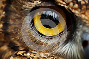 Close-up of detailed owl eye showing intricate patterns in natural wildlife habitat