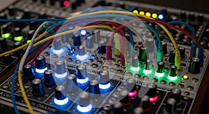 Modular Synthesizer with Colorful Cables and Glowing Knobs