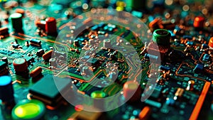 Close up detailed view of a computer circuit board with electronic components