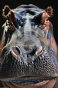 A close-up, detailed view of a hippo& x27;s face against a dark background. The image emphasizes the texture of the