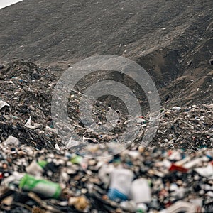 A close-up, detailed view of a landfill, with mountains of garbage extending as far as the eye can see. AI generated