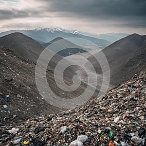 A close-up, detailed view of a landfill, with mountains of garbage extending as far as the eye can see. AI generated