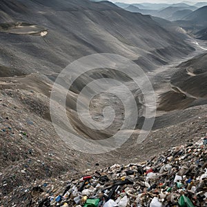 A close-up, detailed view of a landfill, with mountains of garbage extending as far as the eye can see. AI generated