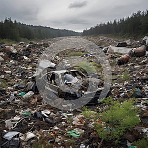 A close-up, detailed view of a landfill, with mountains of garbage extending as far as the eye can see. AI generated