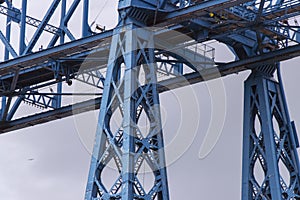 Close up details of blue steel Middlesborough Transporter Bridge, UK