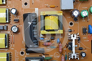 Close-up details, boards, electronic components, monitor, computer, devices