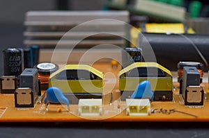 Close-up details, boards, electronic components, monitor, computer, devices
