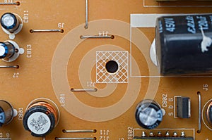 Close-up details, boards, electronic components, monitor, computer, devices