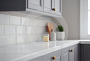 Close up details of contemporary white apartment kitchen with subway tiles, AI Generated