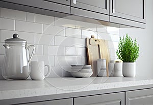 Close up details of contemporary white apartment kitchen with subway tiles, AI Generated