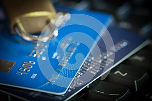 Close-up details of a credit card and locker. Secure electronic transactions