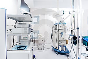 Close up details of hospital operating room interior. Medical devices and life support monitors