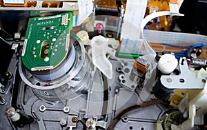 Close - up of details inside the VCR. Transistors, microchips, etc. Technological abstract background