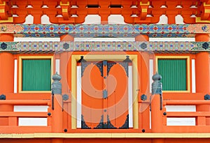 Close up details of Japanese architecture on door and windows at a building in Shinto temple, Kyoto, Japan