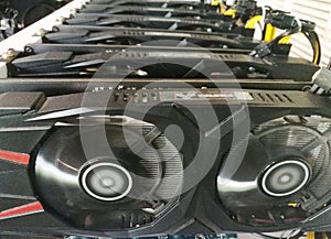 Details of Modern Mining rig with gpu Graphics card Used For Creating Bitcoin Currency photo