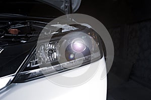 Close up details of projector lens headlights technology.