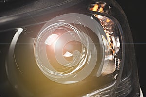 Close up details of projector lens headlights technology.