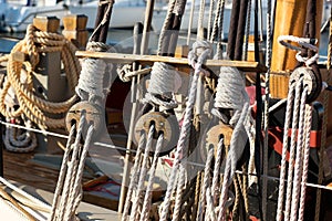 Close up details of ropes or cordage in rigging