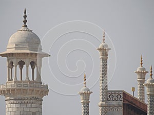 Close-up details Taj Mahal, famous UNESCO historical site, love monument, the greatest white marble tomb in India, Agra